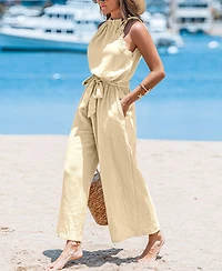 Cupshe Women's Sleeveless Ruffle Neck Wide-Leg Jumpsuit