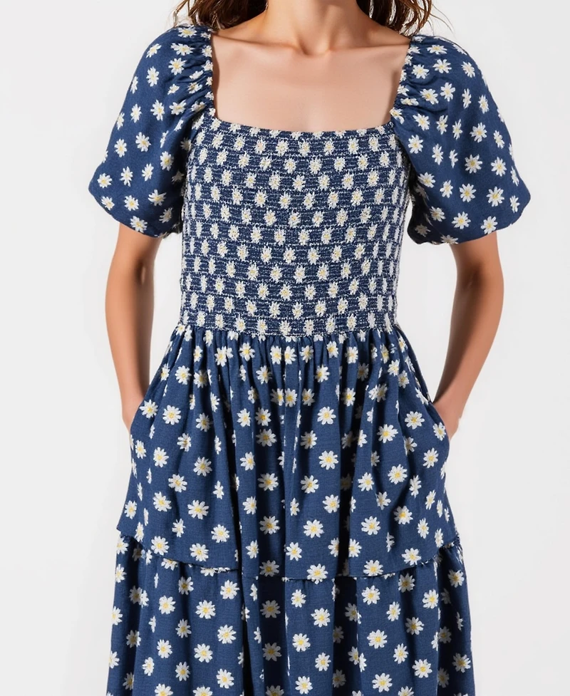 Modenaire Women's Smocked Puff-Sleeve Tiered Midi Dress with Pockets