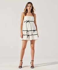 Modenaire Women's Spaghetti Strap Ruffled Trim Bow Accents Mini Dress