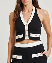 Modenaire Women's Two-Piece Halter Crop Top and Wide-Leg Pant Set