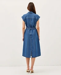 Modenaire Women's Sleeveless Button-Front Tie-Waist Midi Shirt Dress