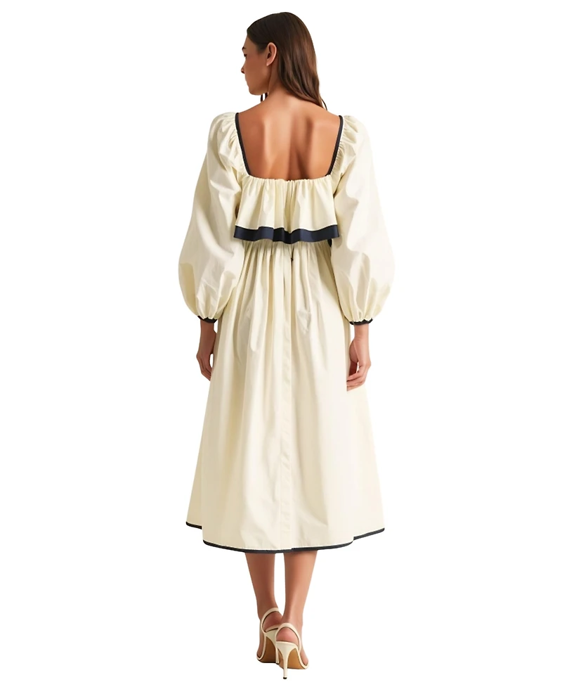 Modenaire Women's Long Sleeve Ruffle Trim Tie Front Midi Dress