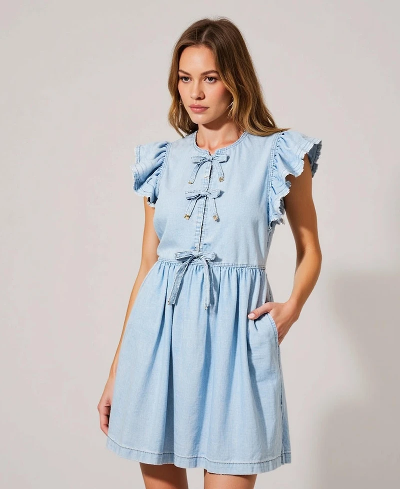 Modenaire Women's Sleeveless Ruffle Bow-Tie Front Drawstring Mini Dress