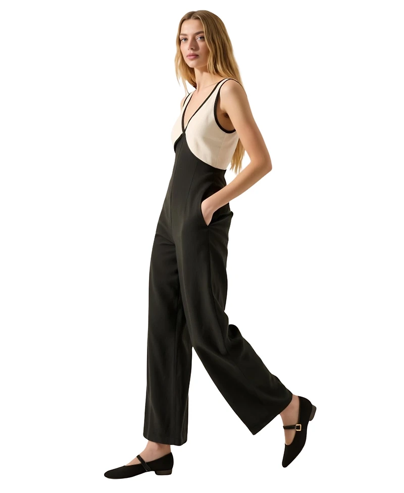 Modenaire Women's Sleeveless Two-Tone Deep V-Neck Wide Leg Jumpsuit