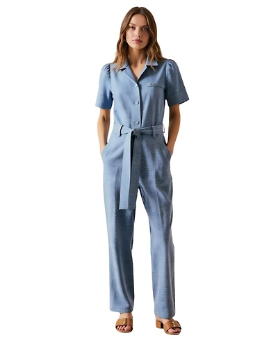 Modenaire Women's Paisley Print Belted Short Sleeve Button Front Jumpsuit