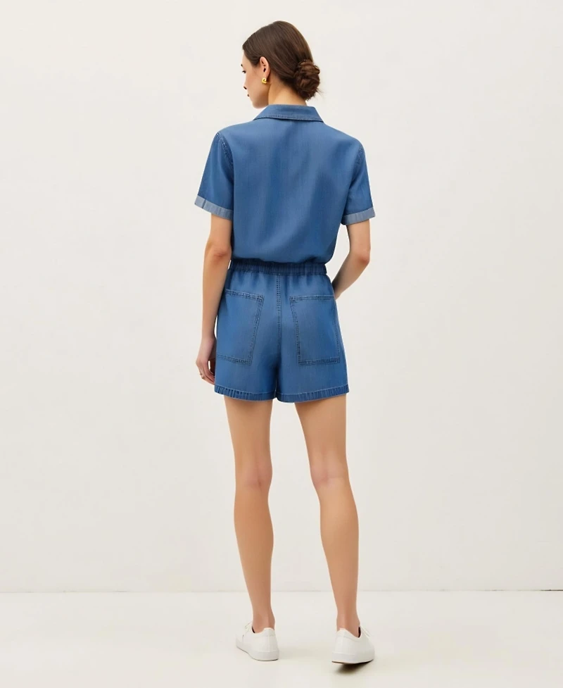 Modenaire Women's Utility Button-Up Drawstring Waist Romper