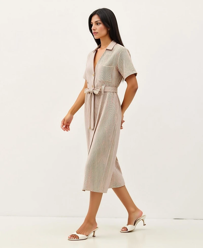 Modenaire Women's Striped Collared Waist Tie Button-Down Midi Dress