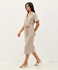 Modenaire Women's Striped Collared Waist Tie Button-Down Midi Dress