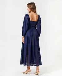 Modenaire Women's Square-Neck Smocked Eyelet Hem Midi Dress