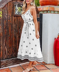 Cupshe Women's Boho Embroidered Tie-Waist Midi Dress