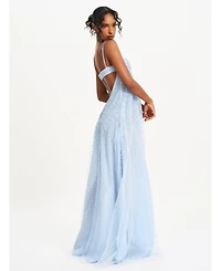 Miss Circle Women's Wallie Baby Blue Rhinestone Embellished Mesh Backless Gown