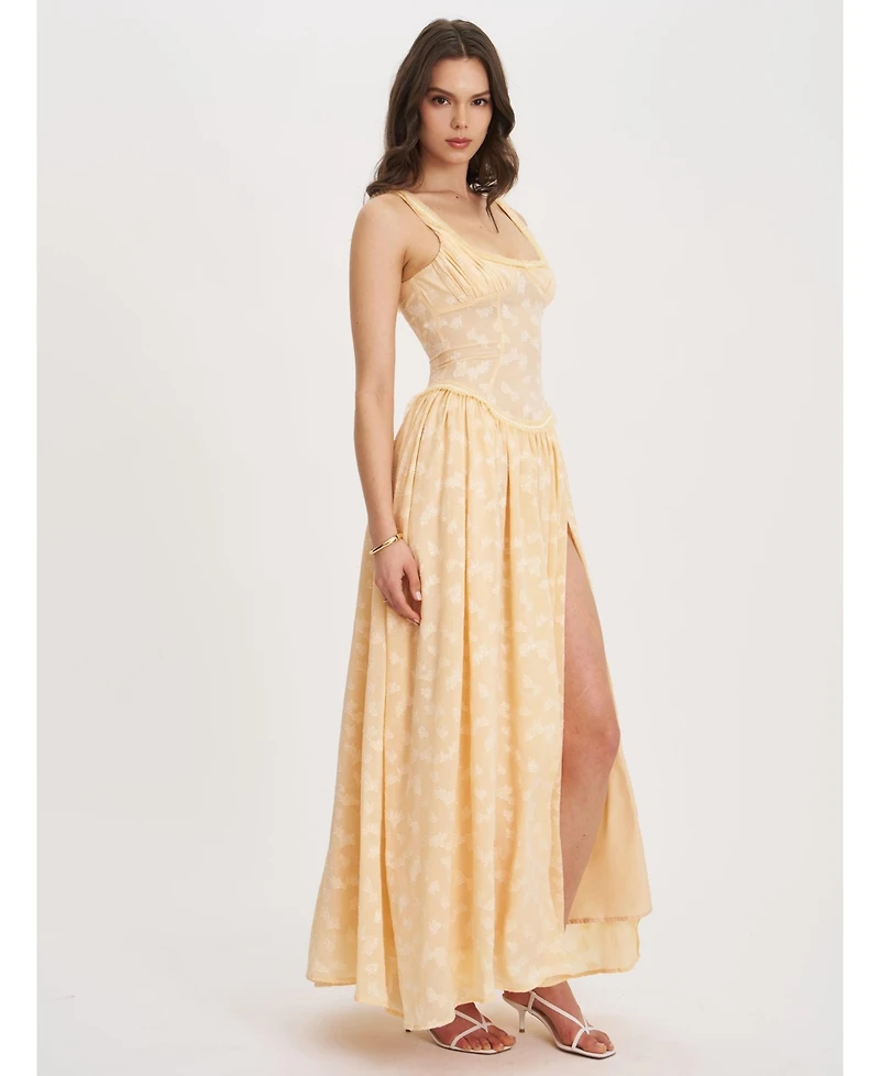 Miss Circle Women's Ulissa Orange Square Neck Jacquard Textured High Slit Maxi Dress