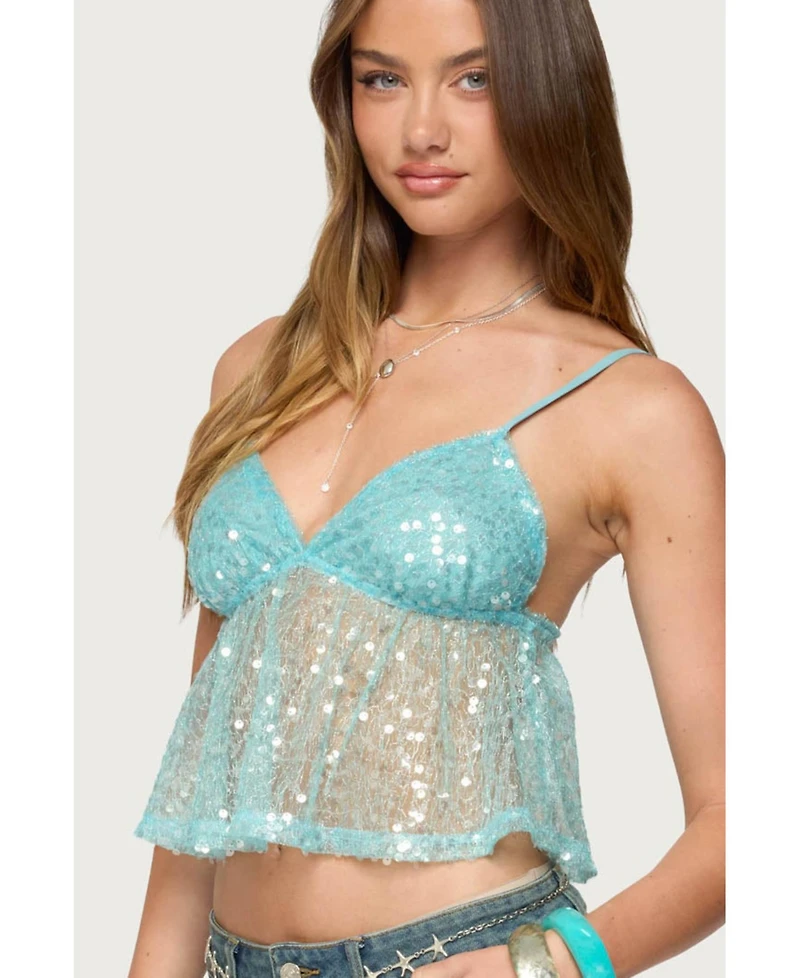 Edikted Women's Sheer Sequin Babydoll Tank Top