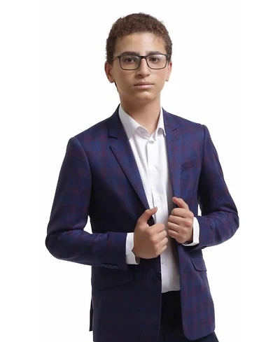 Elie Balleh Boys Navy Slim Fit Checkered Blazer