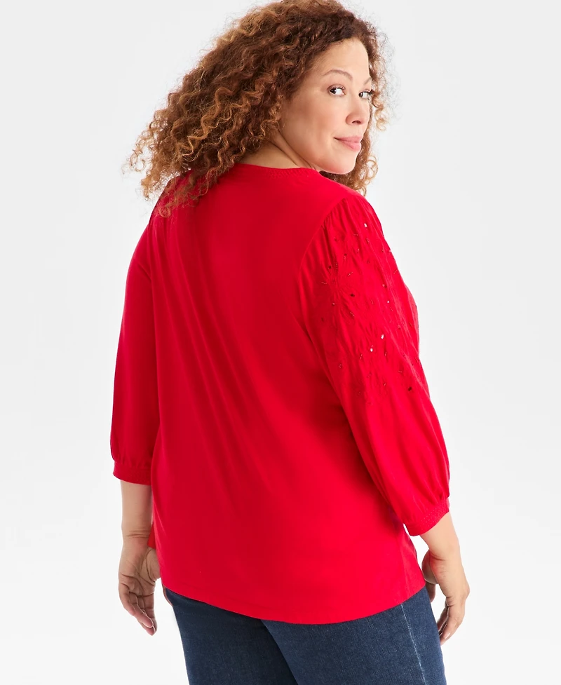 Style & Co Plus Size Embellished Floral Crewneck Top, Macy's Exclusive