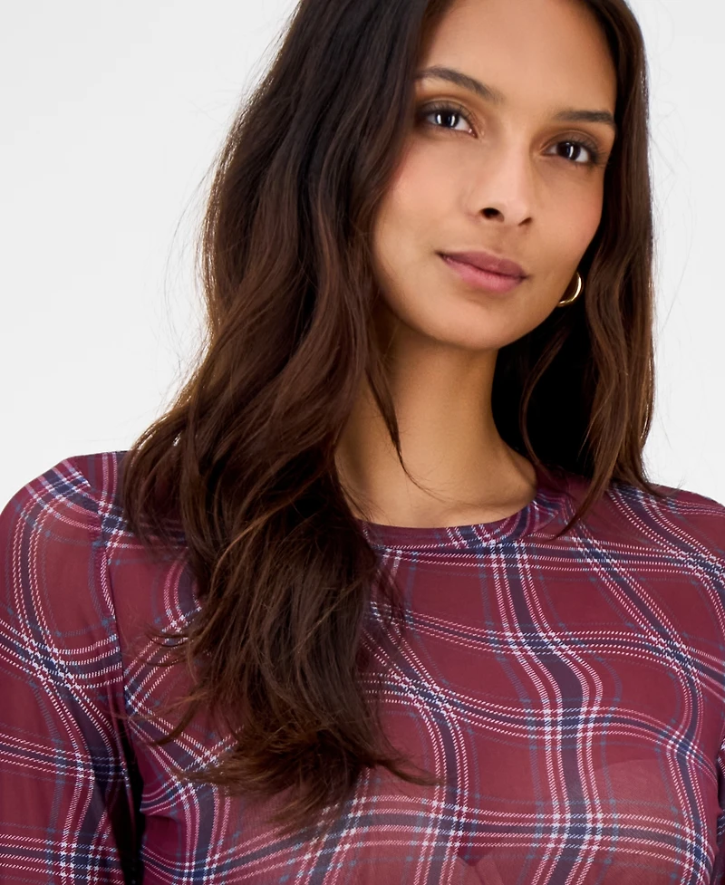 Bar Iii Women's Plaid Mesh Long-Sleeve Top, Macy's Exclusive
