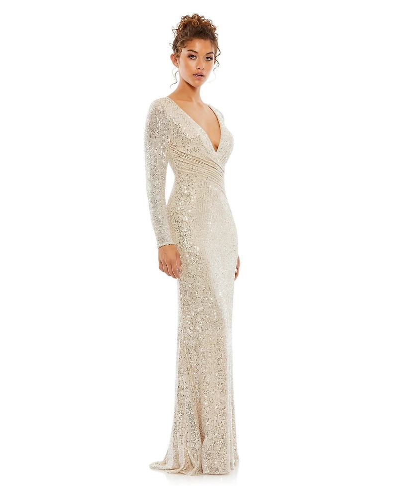 Women's Embellished Illusion Long Sleeve V Neck Gown