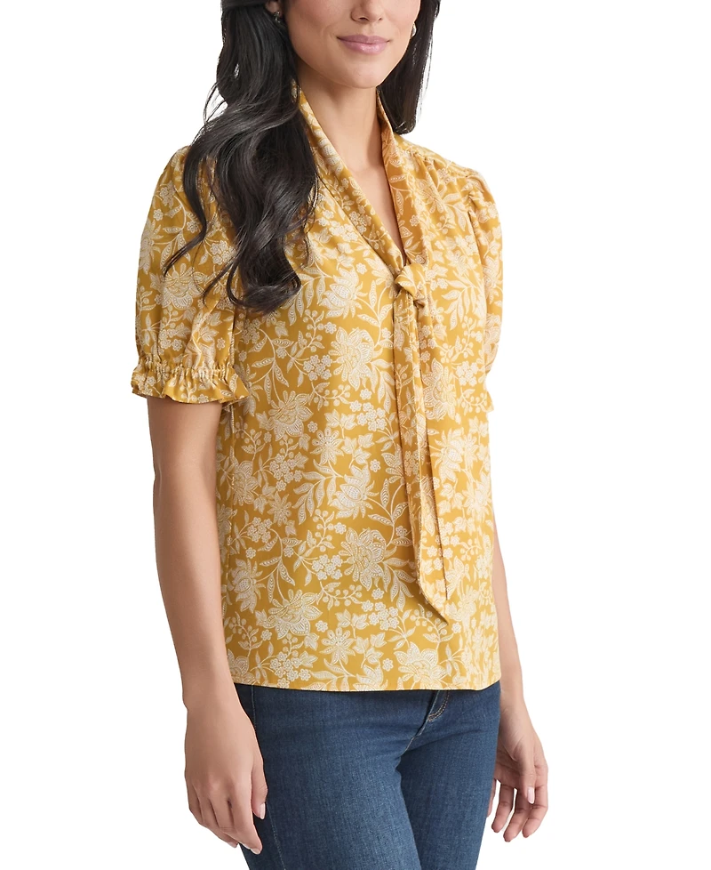 Jones New York Petite Printed Tie-Neck Puff-Sleeve Blouse