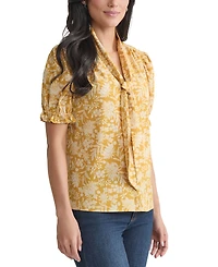 Jones New York Petite Printed Tie-Neck Puff-Sleeve Blouse