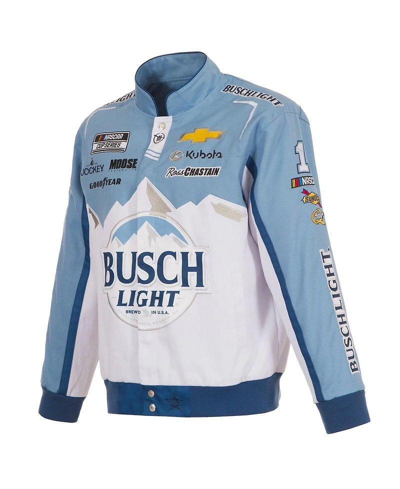 Jh Design Men's White/Light Blue Ross Chastain Busch Light Full-Snap Twill Uniform Jacket