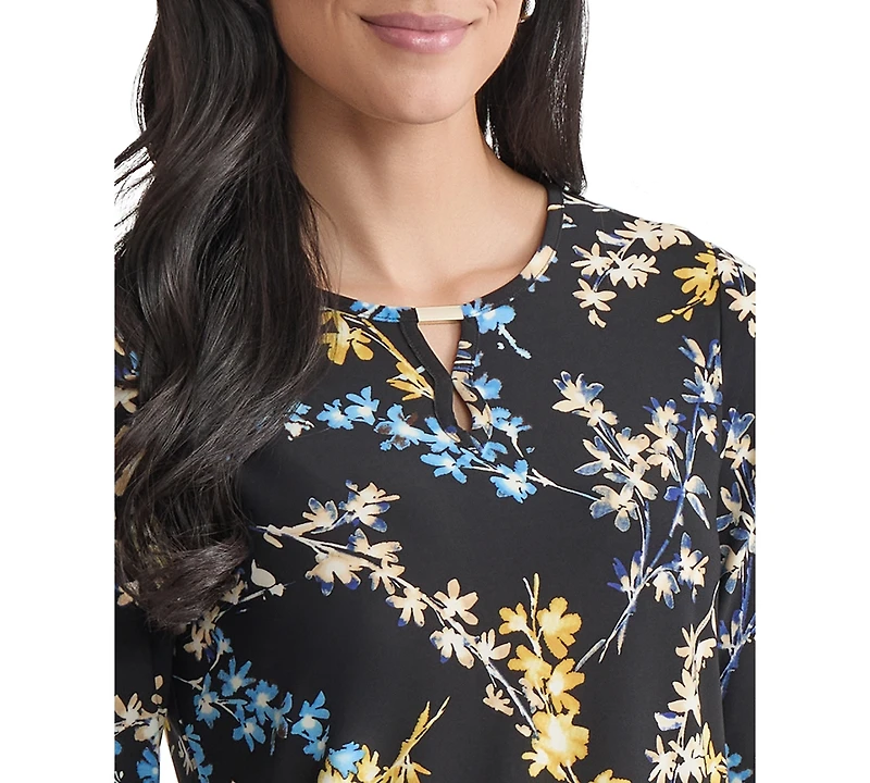 Jones New York Petite Floral-Print Keyhole Top