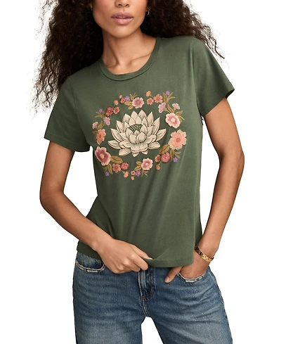 Lucky Brand Women's Embroidery Lotus Classic Cotton T-Shirt