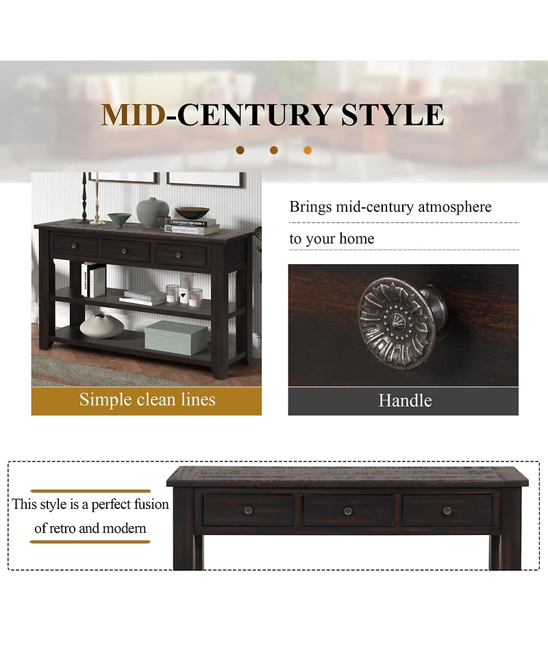 Casainc 48" Solid Pine Wood Top Console Table Cabinet with 3 Storage Drawers and 2 Shelves