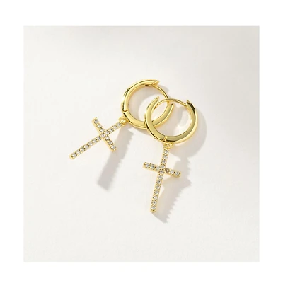 Uncommon James 14K Gold-Plated Pave Cross Huggie Earrings, 0.5"