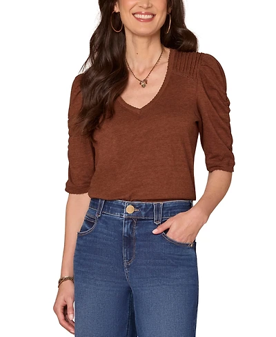 Democracy Petite Puff-Sleeve V-Neck Knit Top