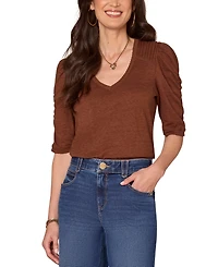 Democracy Petite Puff-Sleeve V-Neck Knit Top