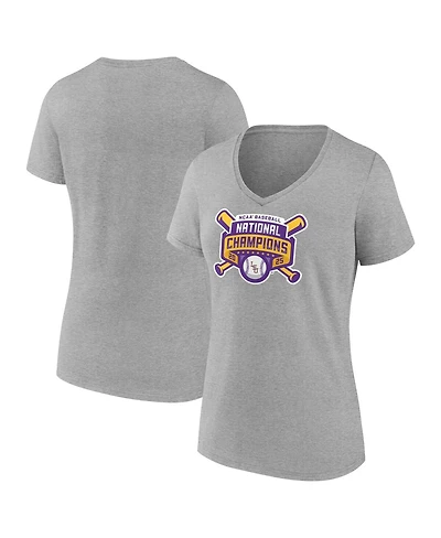 Fanatics Women's Heather Gray Lsu Tigers 2025 Ncaa Baseball Men's College World Series Champions Logo V-Neck T-Shirt