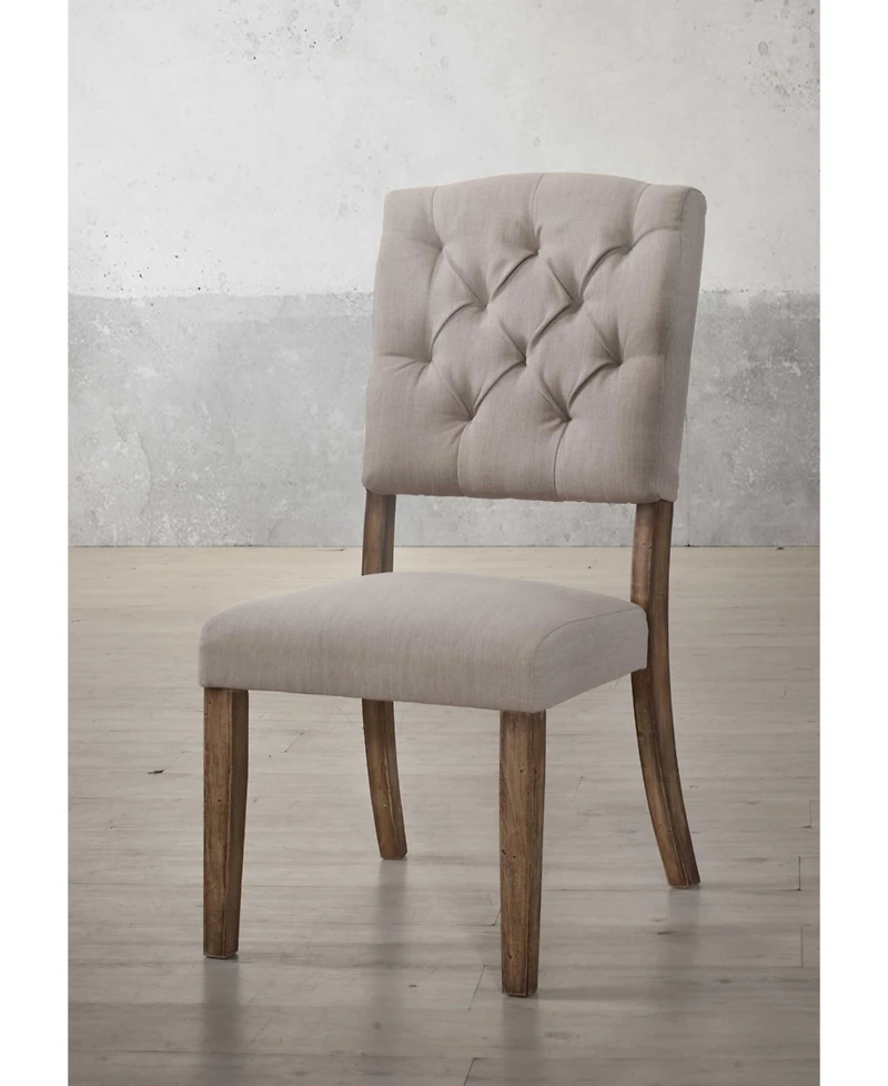 Set of Two Tufted Upholstered Linen Dining Side Chairs with Open Back