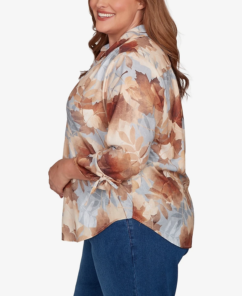 Alfred Dunner Plus Classic Textured Leaf Button Front Top