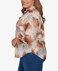 Alfred Dunner Plus Classic Textured Leaf Button Front Top