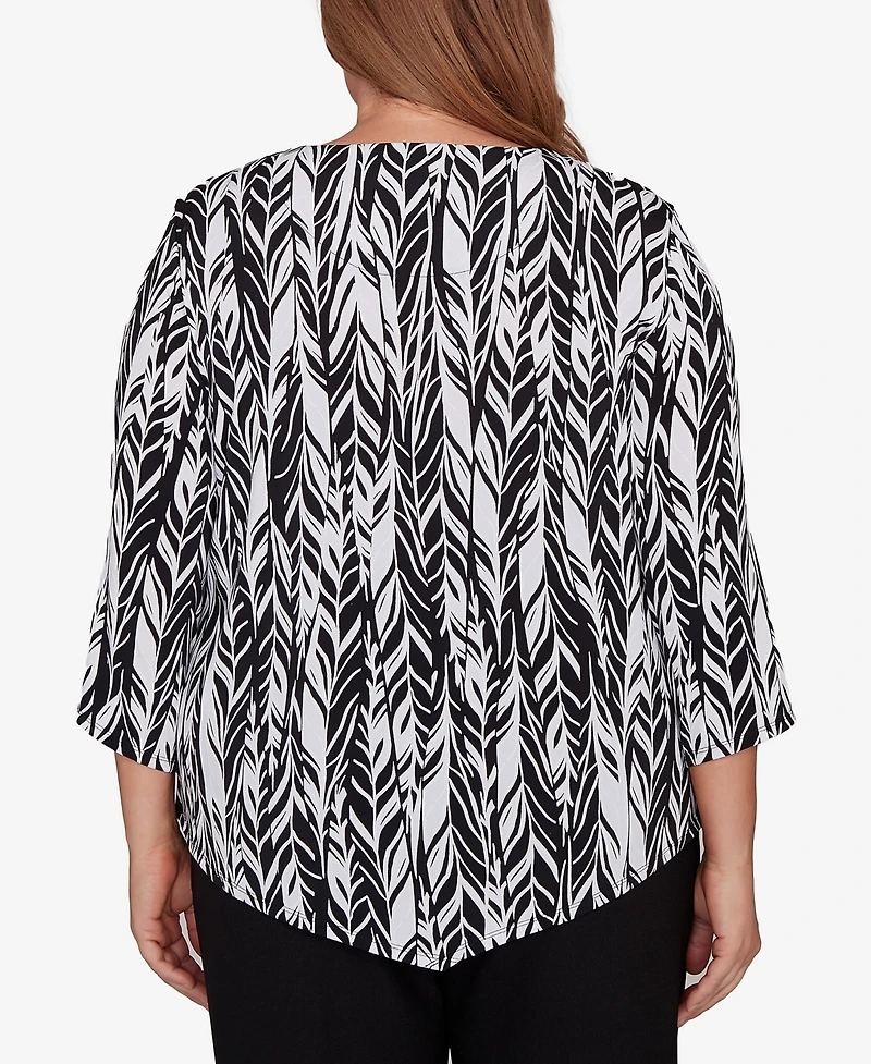 Alfred Dunner Plus Classic Puff Print Abstract Feather Crew Neck Top