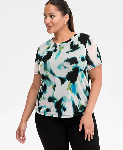 I.n.c. International Concepts Plus Printed Mesh Short-Sleeve Top, Macy's Exclusive