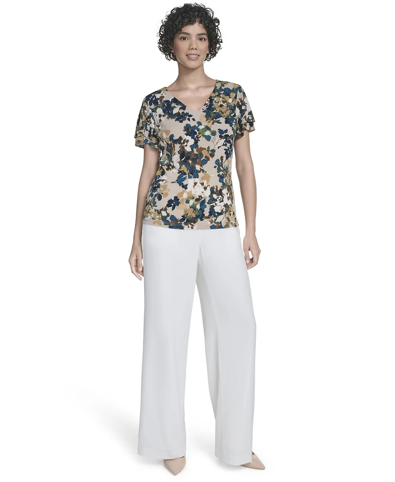 Calvin Klein Women's Printed Flutter-Sleeve V-Neck Top