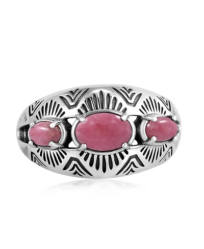 American West Jewelry Sterling Silver Rhodonite 3-Stone Oval Band Ring,
