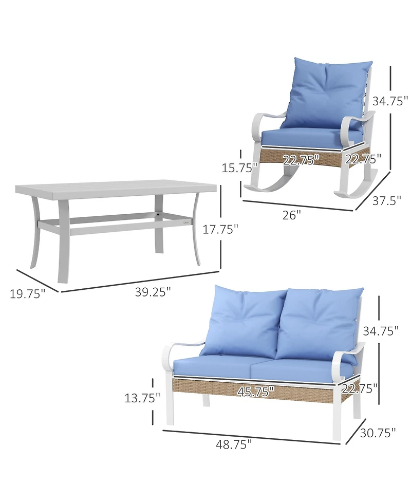 Outsunny 4pc Patio Furniture Set with Loveseat Sofa, Rocking Chairs, Blue