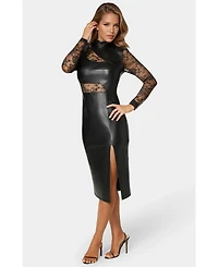 Bebe Women's Faux Leather Lace Illusion Midi Dress