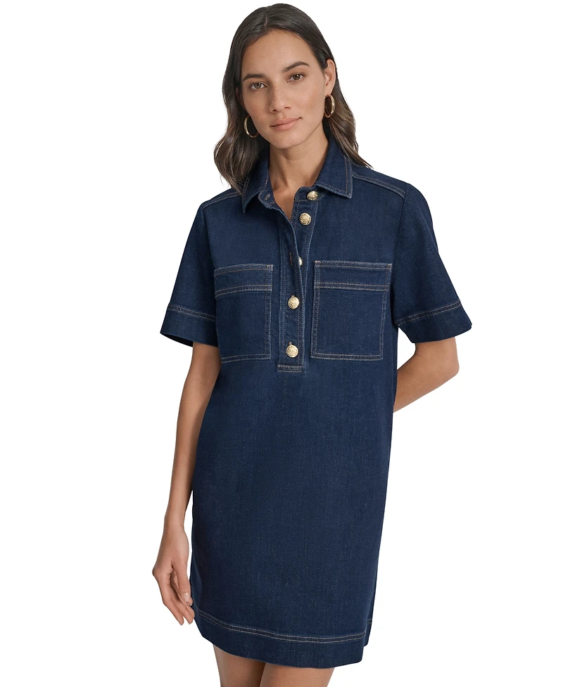 Dkny Jeans Women's Collared Short-Sleeve Denim Shift Dress