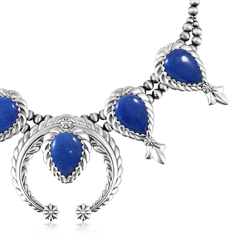 American West Jewelry Sterling Silver Denim Lapis Pear-Cut Squash Blossom Necklace, 17 to 20 Inches