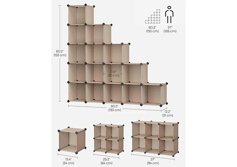Songmics Home Modular Storage Set – Rustic Brown 16-Cube Shelf & 6-Cube Organizer, Customizable for Books, Clothes, and More