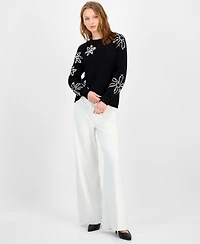 T Tahari Women's Floral-Embroidered Crewneck Sweater
