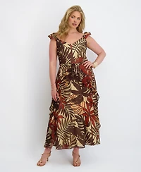 Siena Plus Flutter-Sleeve Printed Chiffon Maxi Dress