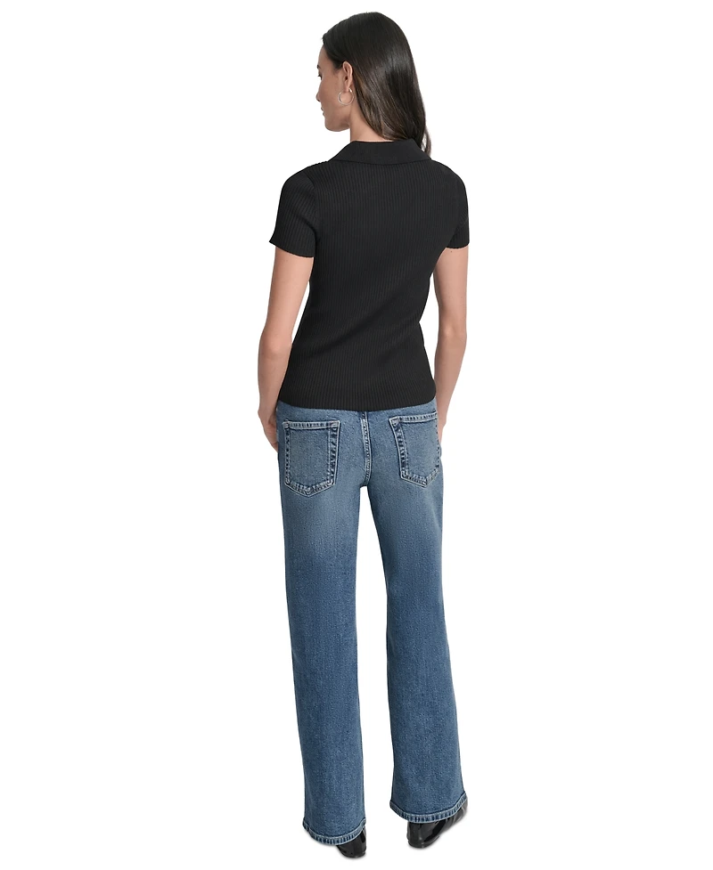 Dkny Jeans Womens Ribbed V-Neck Polo Sweater