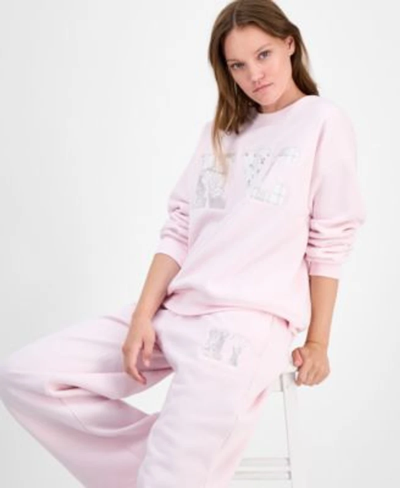 Madden Girl Juniors Fleece Patch Crewneck Sweatshirt Fleece Patch Wide Leg Sweatpants