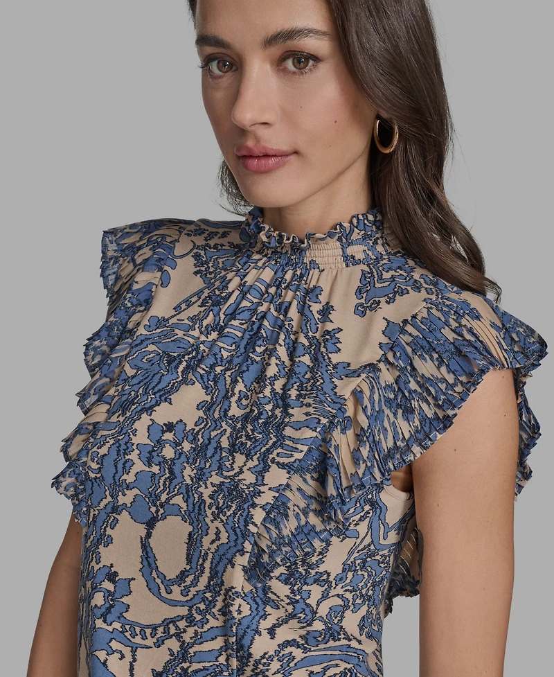 Bcbg Women's Printed Mock Neck Knit Flutter-Sleeve Top
