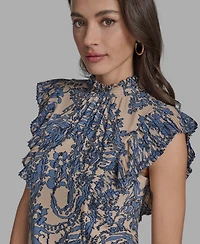 Bcbg Women's Printed Mock Neck Knit Flutter-Sleeve Top