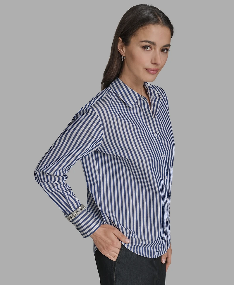 Bcbg Women's Striped Rhinestone-Cuff Shirt